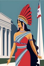 2D Vector Style Travel Poster Side View Of Peruvian Goddess In Washington DC Wearing A Peruvian Traditional Crown Long Wavy Hair Full Body DC Monuments Lincoln Memorial Washington Obelisk Peruvian 