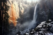 Yosemite Waterfall Hidden In Misty Winter Surroundings. Generative AI