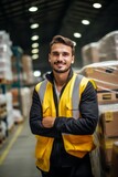 Fototapeta  - Portrait of smiling male industrial worker in warehouse storage center generative ai