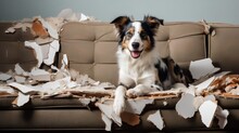Dog Sits On Destructed Couch, Surrounded By A Mess Of Torn Fabric And Stuffing. Pets Destructive Behavior After Boredom And Lack Of Exercise. Happy Dog Sits In Chaos. Home Living Room In Mess.