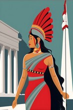 2D Vector Style Travel Poster Side View Of Peruvian Goddess In Washington DC Wearing A Peruvian Traditional Crown Long Wavy Hair Full Body DC Monuments Lincoln Memorial Washington Obelisk Peruvian 