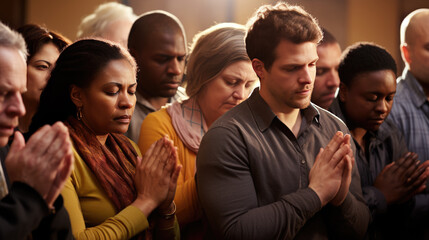 Sticker - Group of people during prayer in a church.