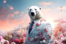A Polar Bear In A Smart Suit Amidst A Surreal Garden Brimming With Blossom Flowers, Creating A Unique And Captivating Concept. Perfect For Advertisement, Commercial, Editorial, Banners, And Cards