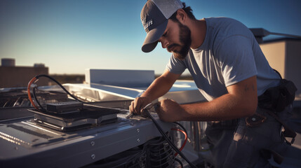 Canvas Print - Air Conditioning Repair, repairman on the rooftop fixing air conditioning system.