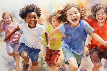 Wall Mural - Happy kids running and having fun outdoors. Children playing together. Watercolor painting. Generative AI