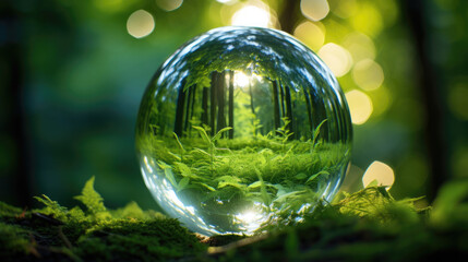 Glass globe encircled by verdant forest flora, symbolizing nature, environment, sustainability, ESG, and climate change awareness, generative ai