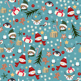 Fototapeta Pokój dzieciecy - Vector Xmas seamless pattern with Christmas animals penguin, deer, bear, snowman, bird, star, snowflake, decorations, gingerbread man, lights, noel tree branch .