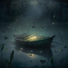 A Swarm Of Fireflies Around An Abandoned Rowboat In A Mysterious Foggy Swamp 