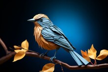 Stock Photo Featuring A Graceful Paper Bird Perched On A Simple Blue Backdrop, With An Artistic Touch By Paul Bird, Generative AI