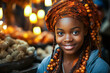 Stunning portrait of young African girl with sparkling eyes against a vibrant, lantern-lit market.