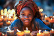 Vibrant portrait of a wonder-eyed African girl against soft-lit, bustling market backdrop.