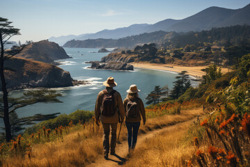 Wall Mural - Generative ai illustration of Senior couple admiring the scenic Pacific coast