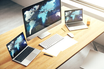 Poster - Computer monitor with abstract creative digital world map, globalization concept. 3D Rendering