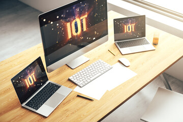 Aufkleber - Modern computer monitor with creative IOT hologram, research and development concept. 3D Rendering