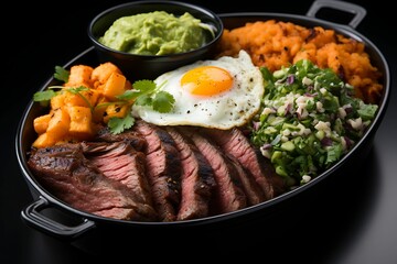 AI generated illustration of meal of steak and eggs with salads