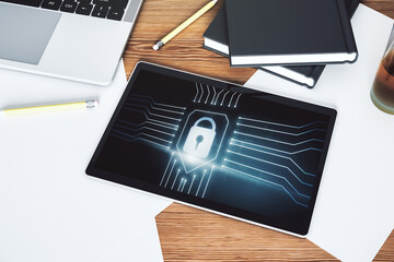 Poster - Creative lock sketch with chip hologram on modern digital tablet screen, protection of personal data concept. Top view. 3D Rendering