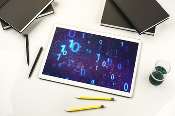 Aufkleber - Creative abstract binary code sketch on modern digital tablet screen, hacking and matrix concept. Top view. 3D Rendering