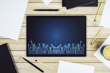 Aufkleber - Creative abstract micro chip hologram on modern digital tablet display, artificial intelligence and machine learning concept. Top view. 3D Rendering