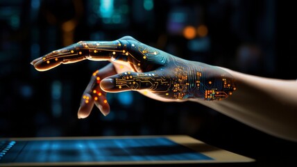 Wall Mural - human hand touches the information digital environment, metaverse, digitalization. a person’s hand r