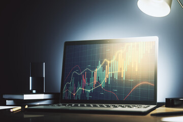 Poster - Abstract creative financial graph on modern laptop screen, forex and investment concept. 3D Rendering