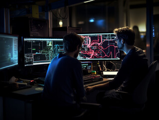 Intense Collaborative Effort: Two Software Engineers Debugging Complex Code on their Workstations, Profoundly Focused in a Dynamic Workspace