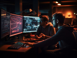 intense collaborative effort: two software engineers debugging complex code on their workstations, p