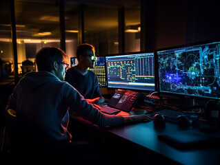 Intense Collaborative Effort: Two Software Engineers Debugging Complex Code on their Workstations, Profoundly Focused in a Dynamic Workspace