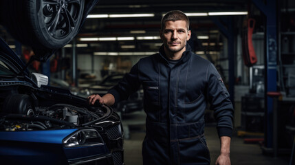 Wall Mural - Portrait of a mechanic in a car service against the backdrop of cars.