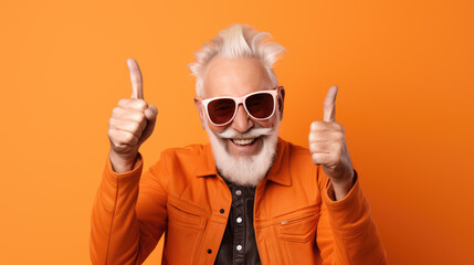 Wall Mural - Senior man wearing colorful clothes clothes and glasses pointing with hand and finger to the side.