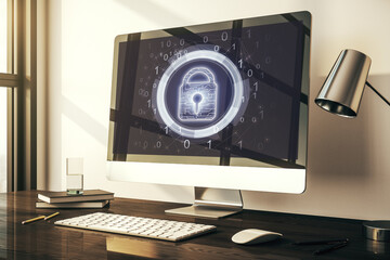 Poster - Creative idea concept with lock symbol and microcircuit illustration on modern laptop screen. Protection and firewall concept. 3D Rendering