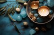Tranquil spa scene featuring candles and stones on a soothing pastel background, radiating peace and serenity, Generative AI