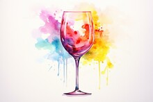 Colorful Watercolor Painting Of Wine Glass With Lively Texture And Blank Space For Copy. Generative AI