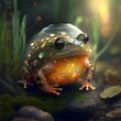 Fat PacMan frog in swamp realistic hyperdetailed volumetric light Bokeh lights tiltshift 