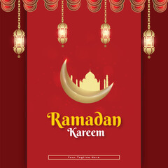 Wall Mural - Happy Ramadan Kareem red color background post design with lamps and moon vector file