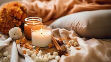 Pumpkin Spice Potpourri And Candles, Cozy Background Layout