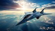 Conceptual futuristic fighter jet airplane full body view flying in the beautiful dramatic sky