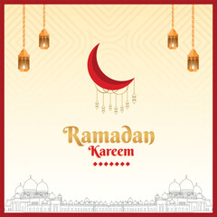 Canvas Print - happy ramadan kareem red border background islamic social media post design vector file