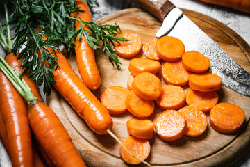 Wall Mural - Fresh chopped carrots on cutting board.