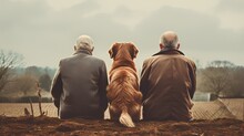 Cute Senior Elderly Couple With Loyal Dog. Bond Of Lifelong Love And Companionship They Share. Aged Happy Pet Symbolizes The Important Aspects Of Life  Loyalty, Love, And Togetherness.