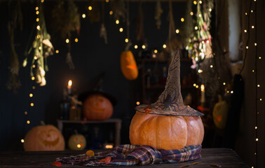 Wall Mural - Halloween pumpkins on old wooden table on background Halloween decorations