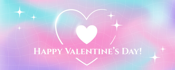 Poster - Valentine's Day postcard in trendy Y2K style with heart frame, stars and liquid background with soft blend of colors, vector illustration.