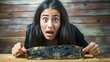 Disgusted, attractive woman with black hair examining moldy bread.