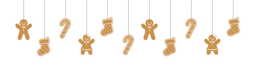 Wall Mural - Merry Christmas Border Banner, Hanging Gingerbread Cookies Garland. Winter Holiday Season Header Decoration. Biscuits in Festive Shapes for web banner template. Vector illustration.