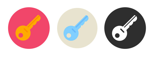 Poster - Key icon set flat vector circle round shaped graphics, black white red golden blue simple shape silhouette pictogram image clipart