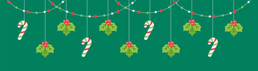 Wall Mural - Merry Christmas Border Banner, Hanging Stocking, Mistletoe and Candy Cane Garland. Winter Holiday Season Header Decoration. Web Banner Template. Vector illustration.