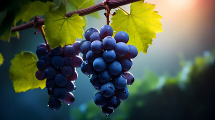 sprig of fresh blue grapes with leaves and dewdrops on a dark background