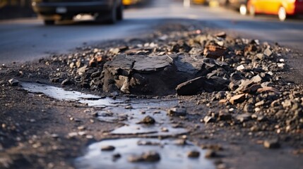 Big pit on the road. Concept of repairing and replacing asphalt. Generative AI