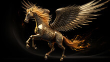Winged Golden Horse Pegas On A Black Background