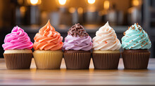 Row Of Colourful Cupcakes With Chocolate And Pastel  Butter Cream