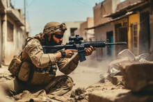 A Soldier With An Automatic Weapon Among The Destruction Aims At The Enemy
